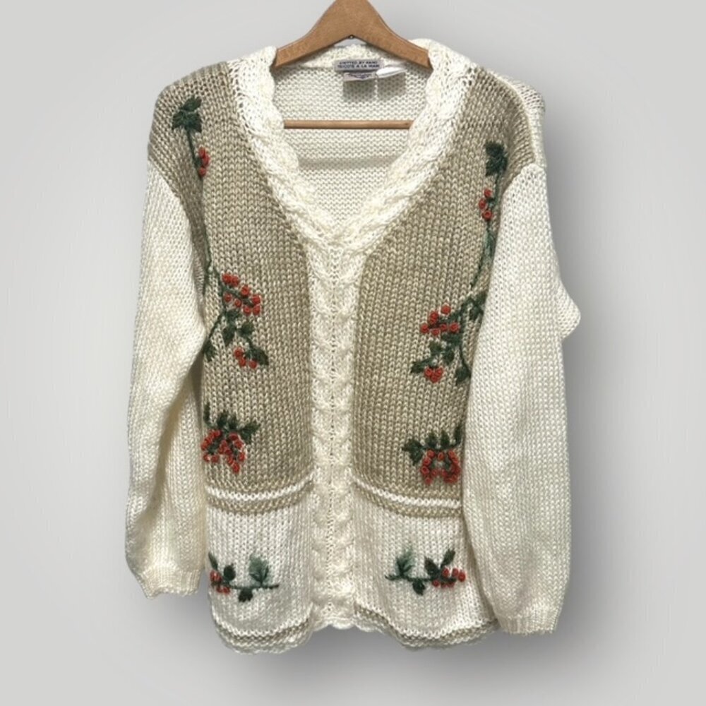 Huntington Ridge Womens Hand Knit Sweater Long Sleeve Acrylic Floral White Sz L